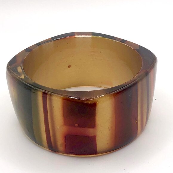Chunky Striped Lucite Style Square Bangle Bracelet Amber Gold Burgundy Green - Picture 6 of 14